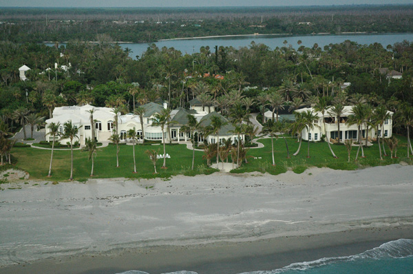 Ariel shot of single-family oceanfront estate in West Palm Beach, Florida